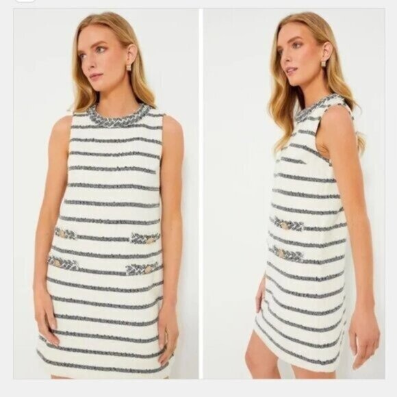 Tuckernuck NEW Navy Stripe Tweed Sleeveless Crew Neck Jackie Mini Dress Size M - Picture 1 of 10